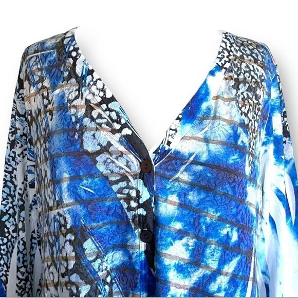 Cubism Womens Cardigan Sz M Indigo Blue Shibori Sublimation Lace Knit Artsy Boho - Picture 3 of 7